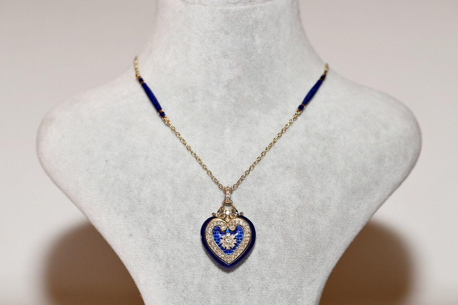 New Made 14k Gold Natural Diamond And Enamel Decorated Heart Pendant Necklace For Sale 7