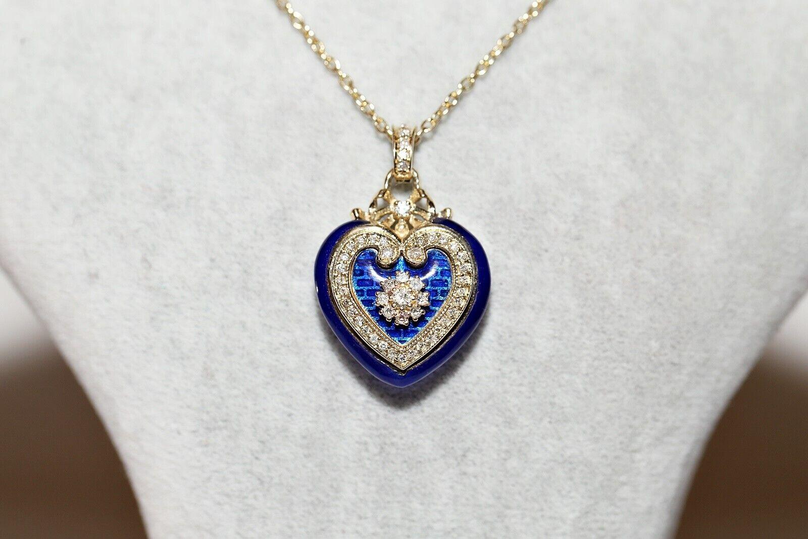 New Made 14k Gold Natural Diamond And Enamel Decorated Heart Pendant Necklace For Sale 8