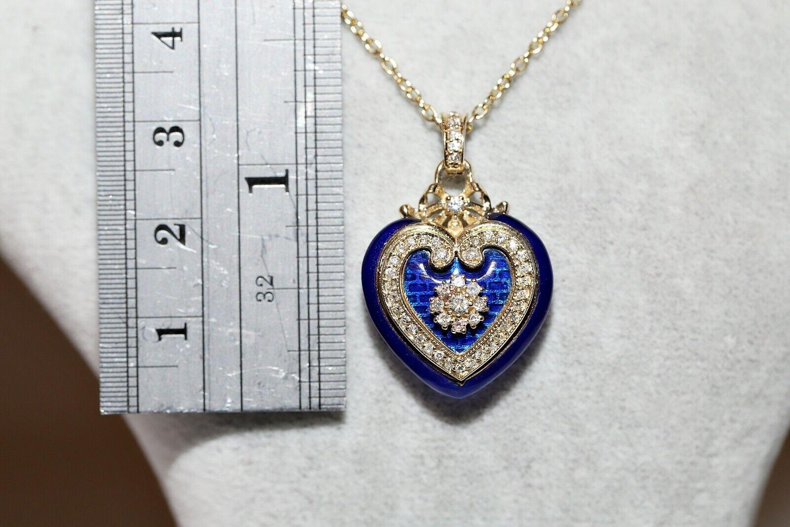 New Made 14k Gold Natural Diamond And Enamel Decorated Heart Pendant Necklace For Sale 9