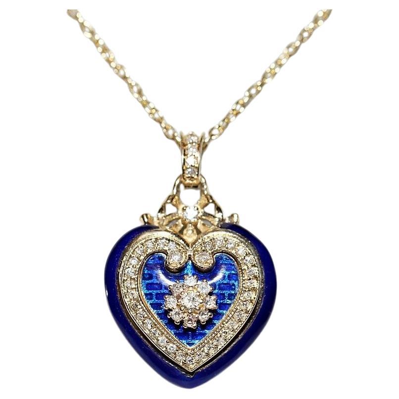 New Made 14k Gold Natural Diamond And Enamel Decorated Heart Pendant Necklace For Sale