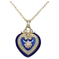 New Made 14k Gold Natural Diamond And Enamel Decorated Heart Pendant Necklace