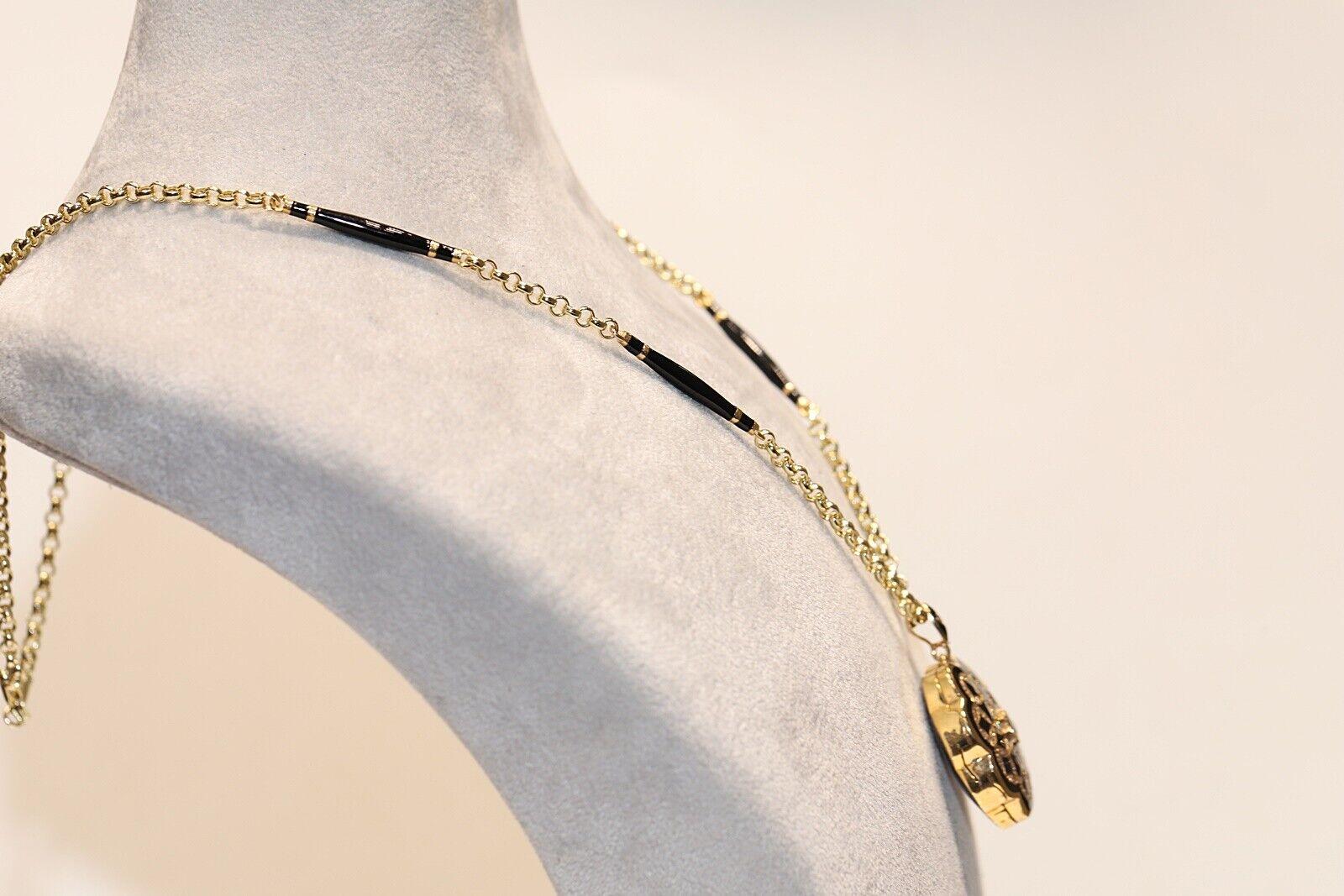 Brilliant Cut New Made 14k Gold Natural Diamond And Enamel Decorated Pendant Necklace  For Sale