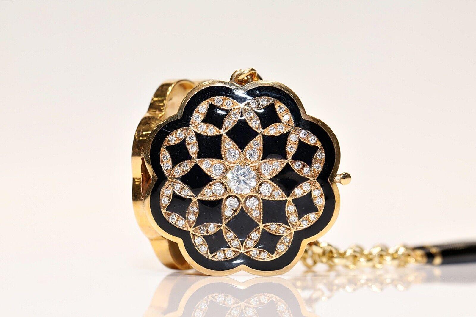 New Made 14k Gold Natural Diamond And Enamel Decorated Pendant Necklace  For Sale 1