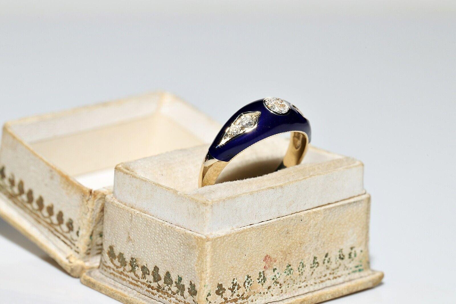 Old Mine Cut New Made 14k Gold Natural Diamond And Blue  Enamel Decorated Ring For Sale