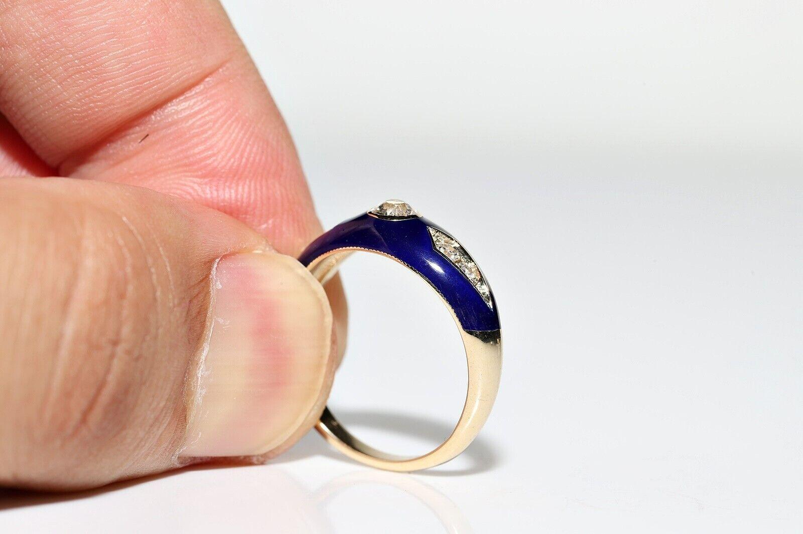 New Made 14k Gold Natural Diamond And Blue  Enamel Decorated Ring For Sale 3