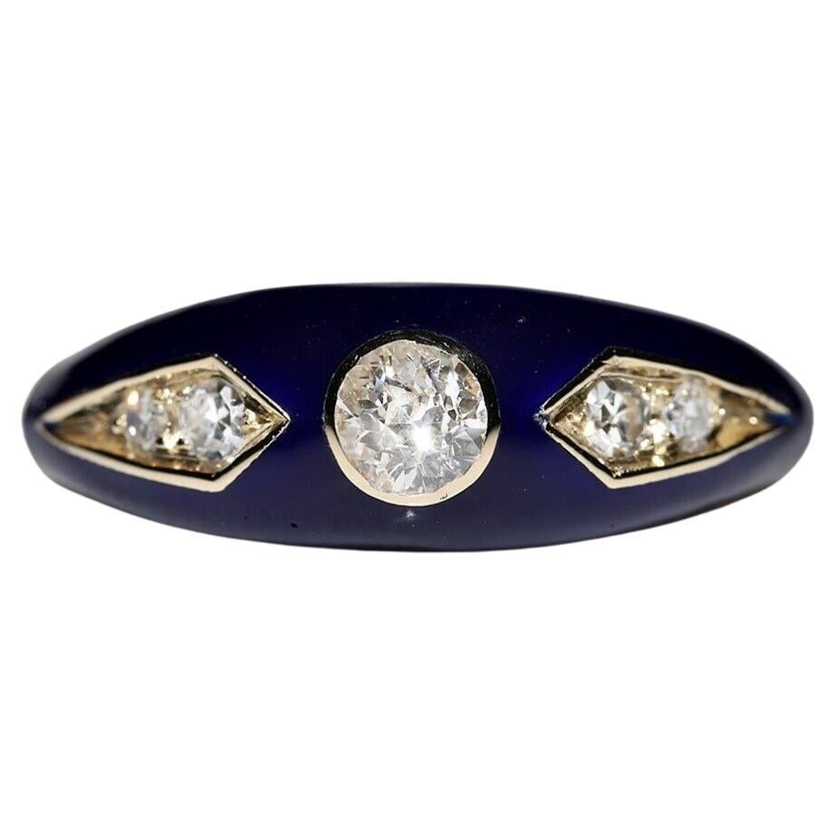 New Made 14k Gold Natural Diamond And Blue  Enamel Decorated Ring For Sale