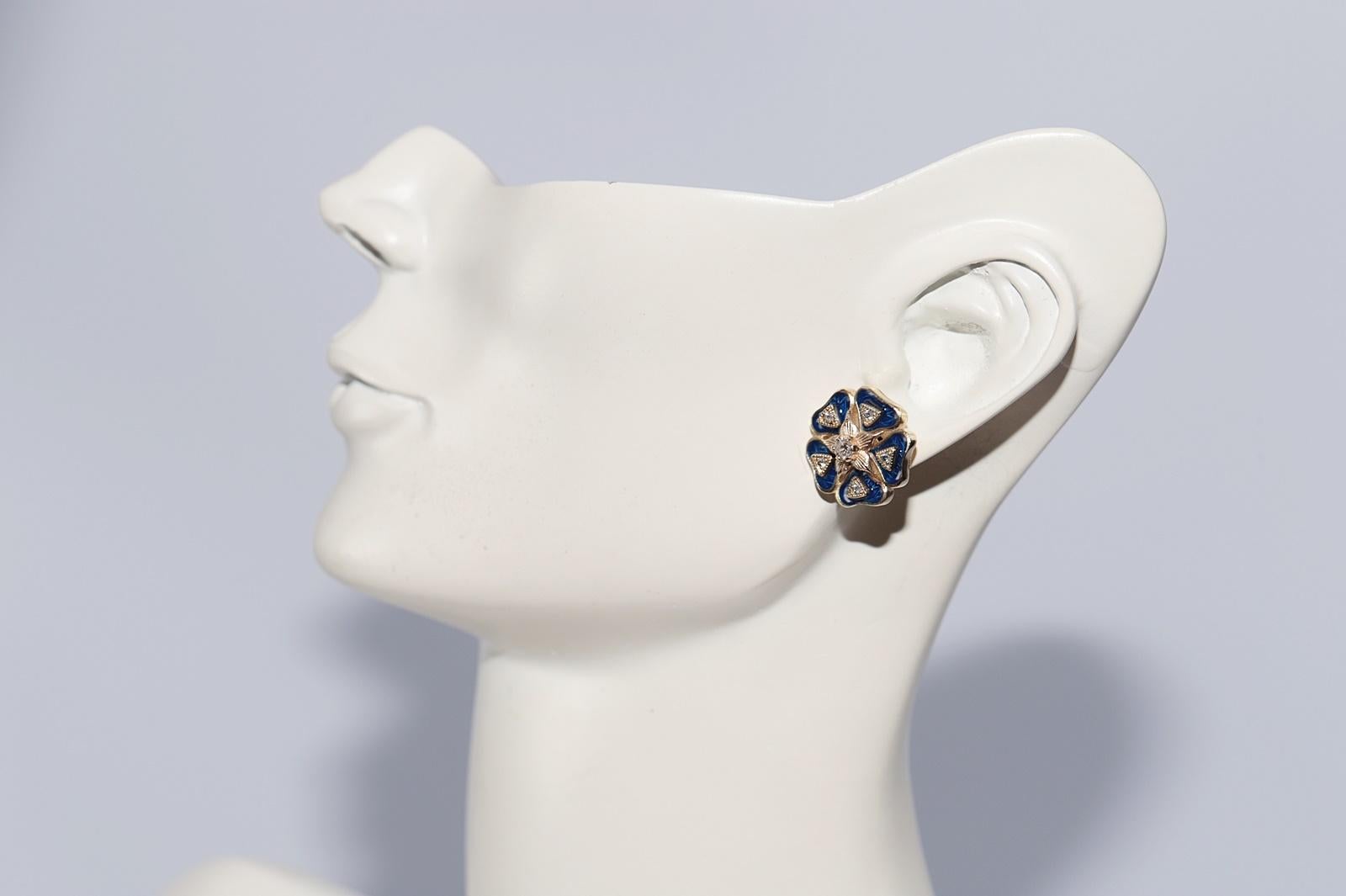 New Made Boucle d'oreille fleurs en or 14k diamant naturel et émail en vente 9