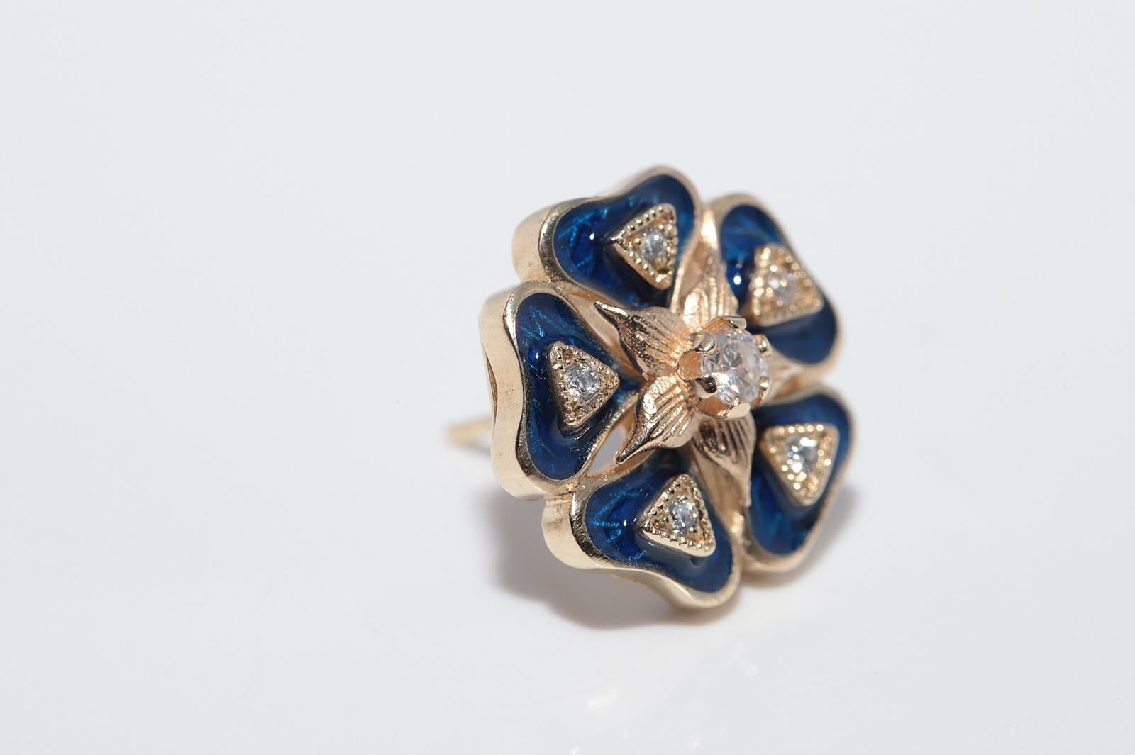 New Made Boucle d'oreille fleurs en or 14k diamant naturel et émail en vente 10