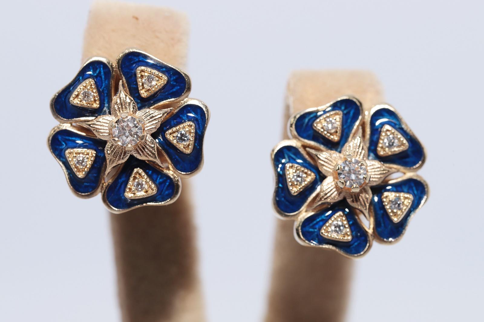 Moderne New Made Boucle d'oreille fleurs en or 14k diamant naturel et émail en vente