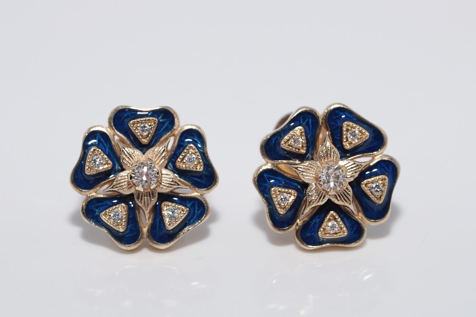 New Made Boucle d'oreille fleurs en or 14k diamant naturel et émail Pour femmes en vente