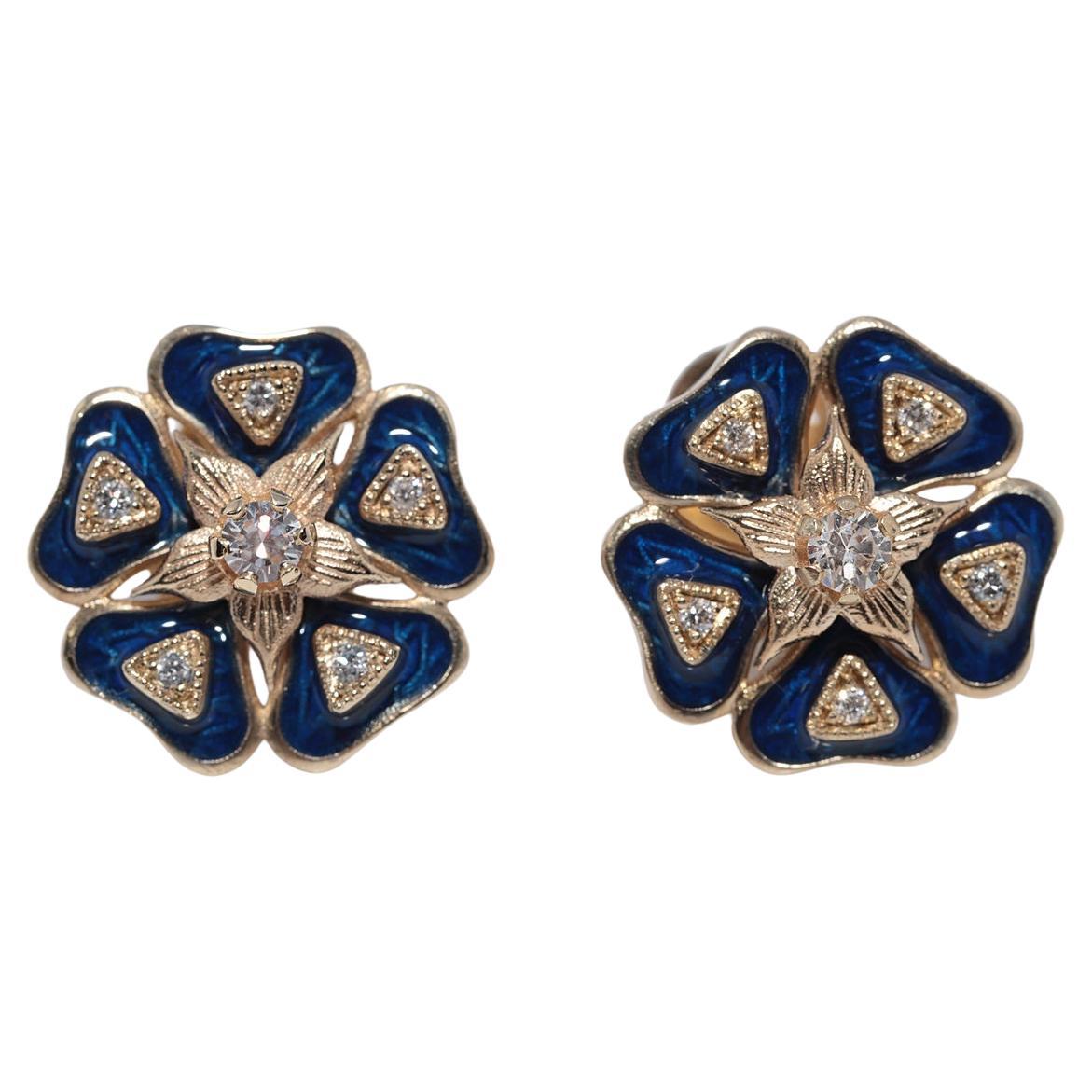 New Made 14k Gold Natural Diamond And Enamel Flowers Earring