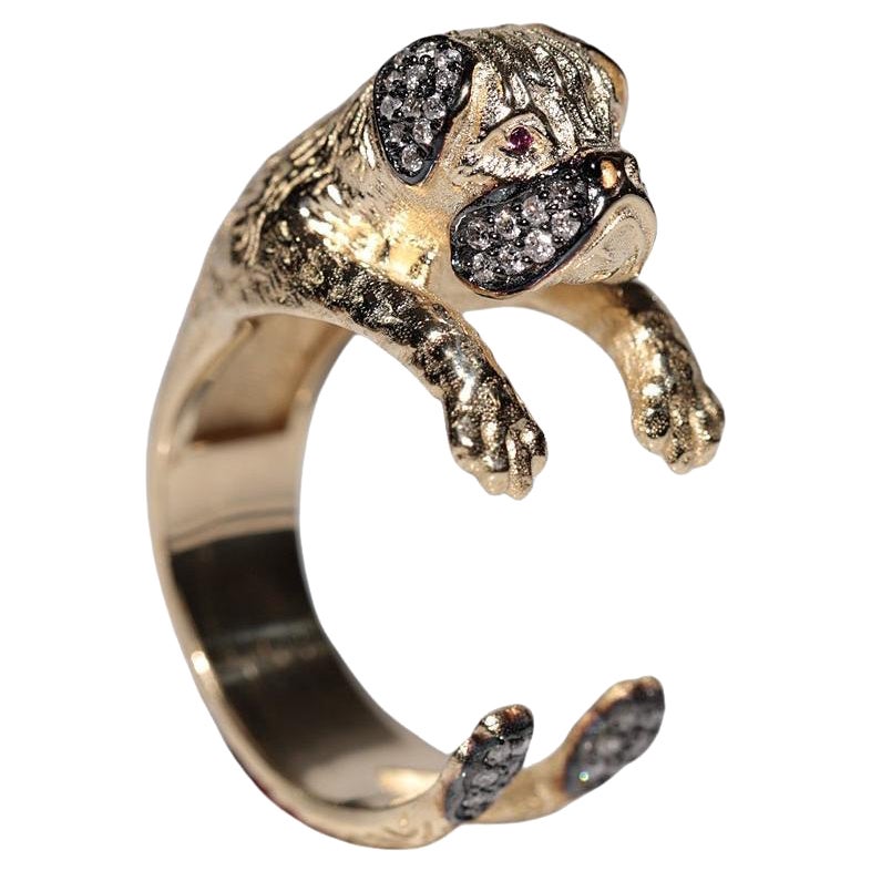 Anello per cani decorato con diamanti naturali e rubini in oro 14k di nuova produzione