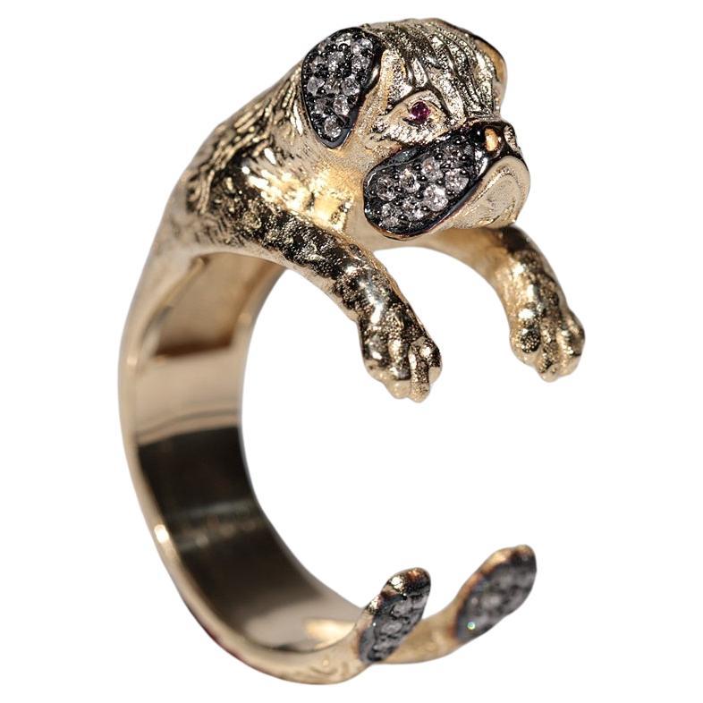 Anillo para perro decorado con rubíes y diamantes naturales de oro de 14k de nueva factura