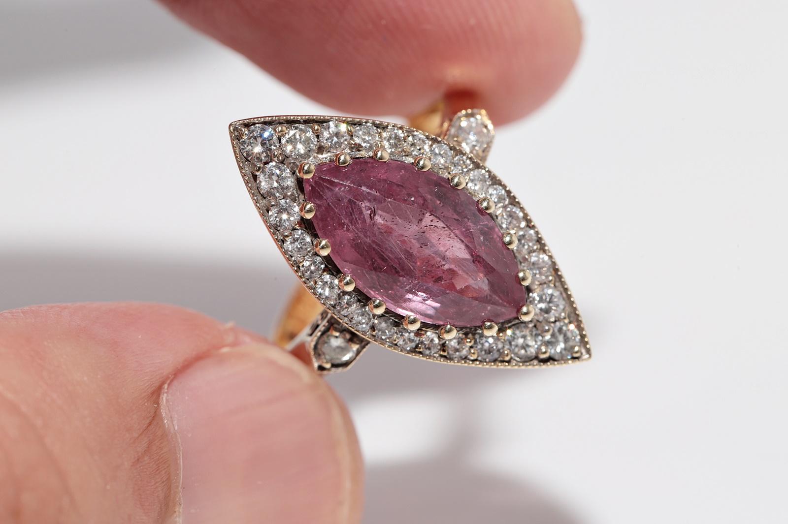 New Made 14k Gold Natural Diamond And Tourmaline Decorated Navette Ring For Sale 7