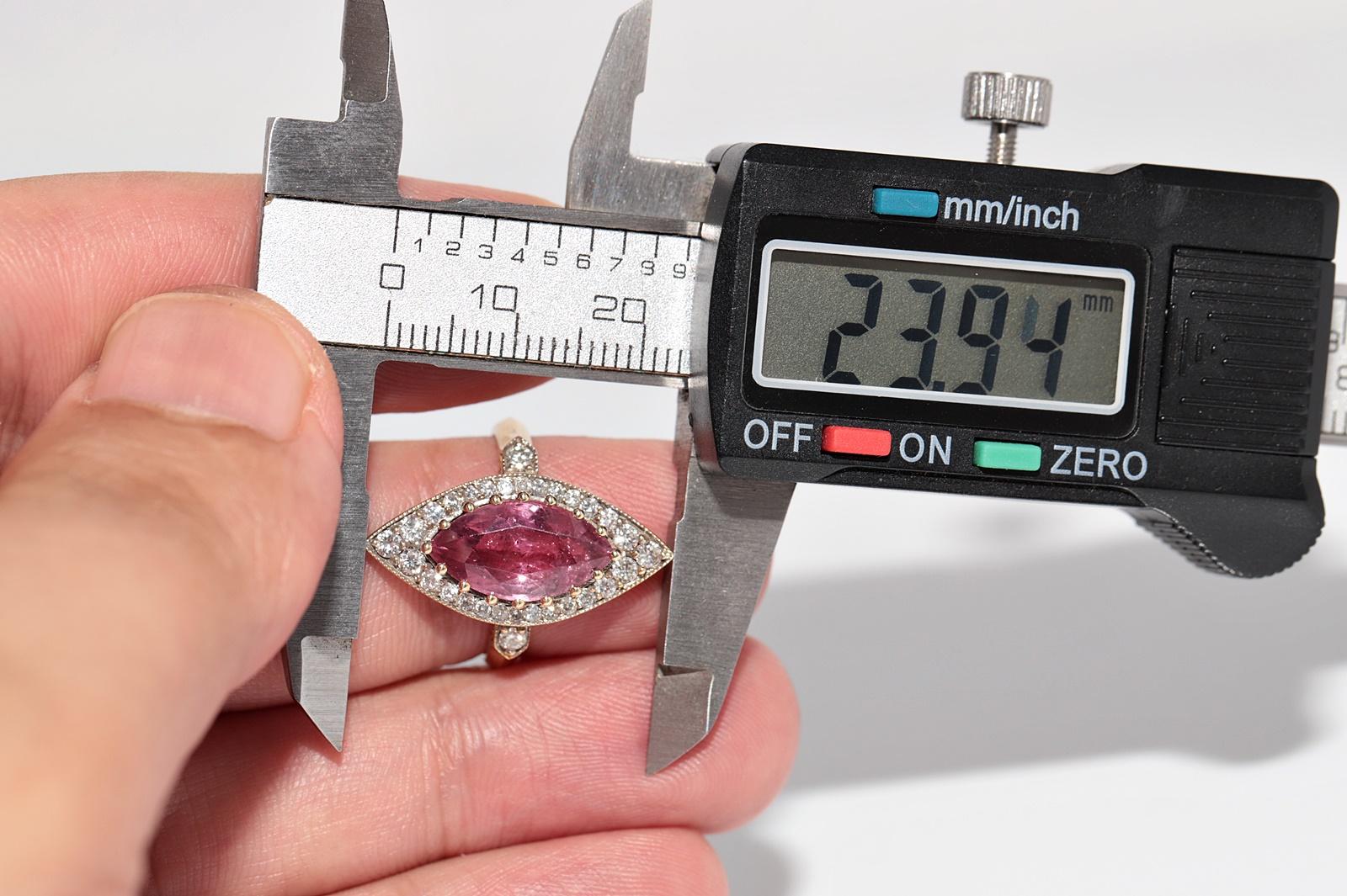 New Made 14k Gold Natural Diamond And Tourmaline Decorated Navette Ring For Sale 8