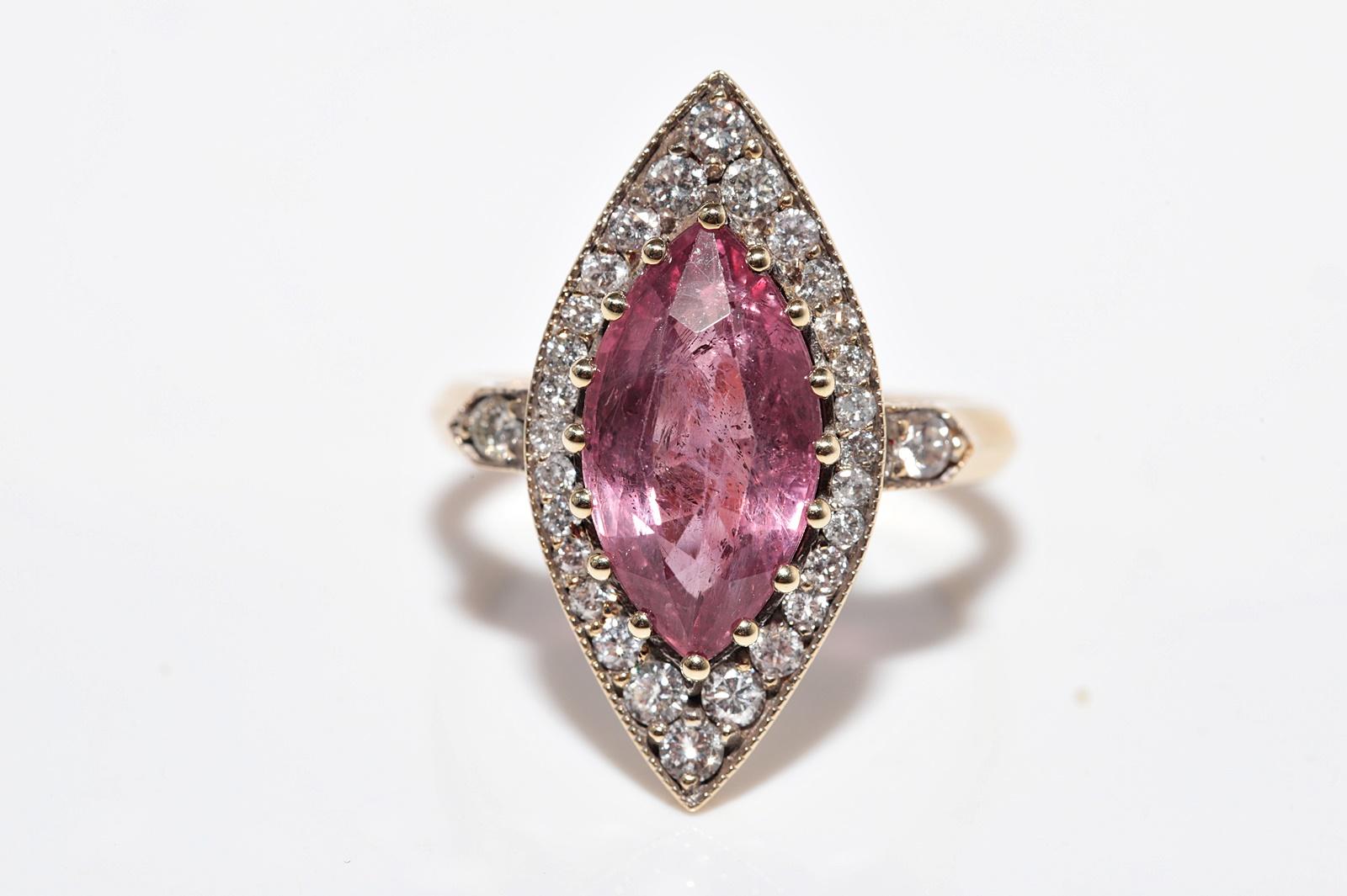 New Made 14k Gold Natural Diamond And Tourmaline Decorated Navette Ring For Sale 10