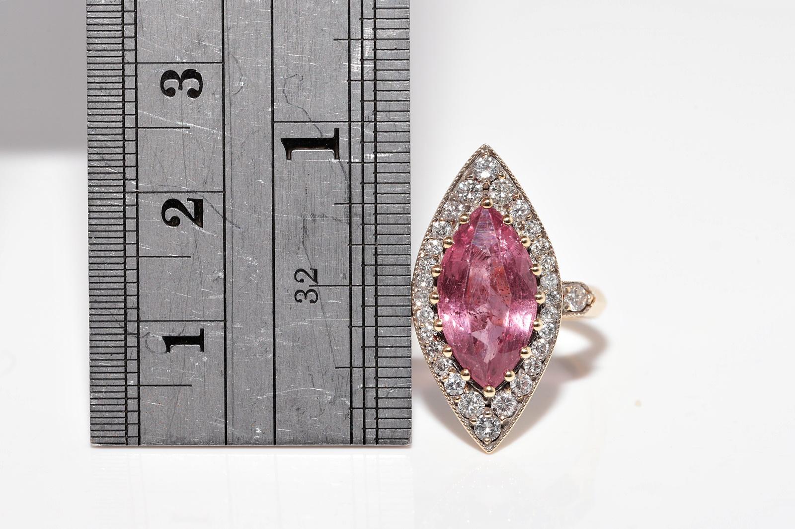 New Made 14k Gold Natural Diamond And Tourmaline Decorated Navette Ring For Sale 11