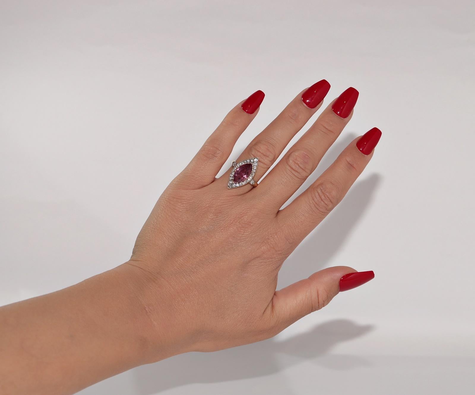In very good condition.
Total weight is 5.5 grams.
Totally is diamond 0.57 ct.
The diamond is has G-H color and vs1-s1 clarity.
Totally is tourmaline 1.75 ct.
Ring size is US 6.75
We can make any size.
The box is not included.
Please contact for any