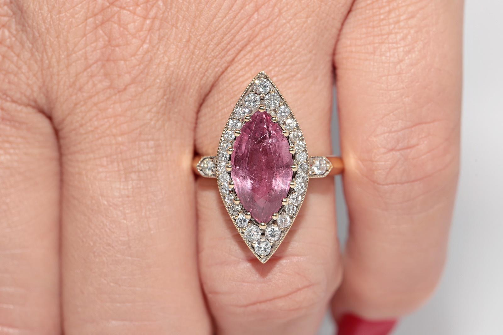 New Made 14k Gold Natural Diamond And Tourmaline Decorated Navette Ring In Good Condition For Sale In Fatih/İstanbul, 34