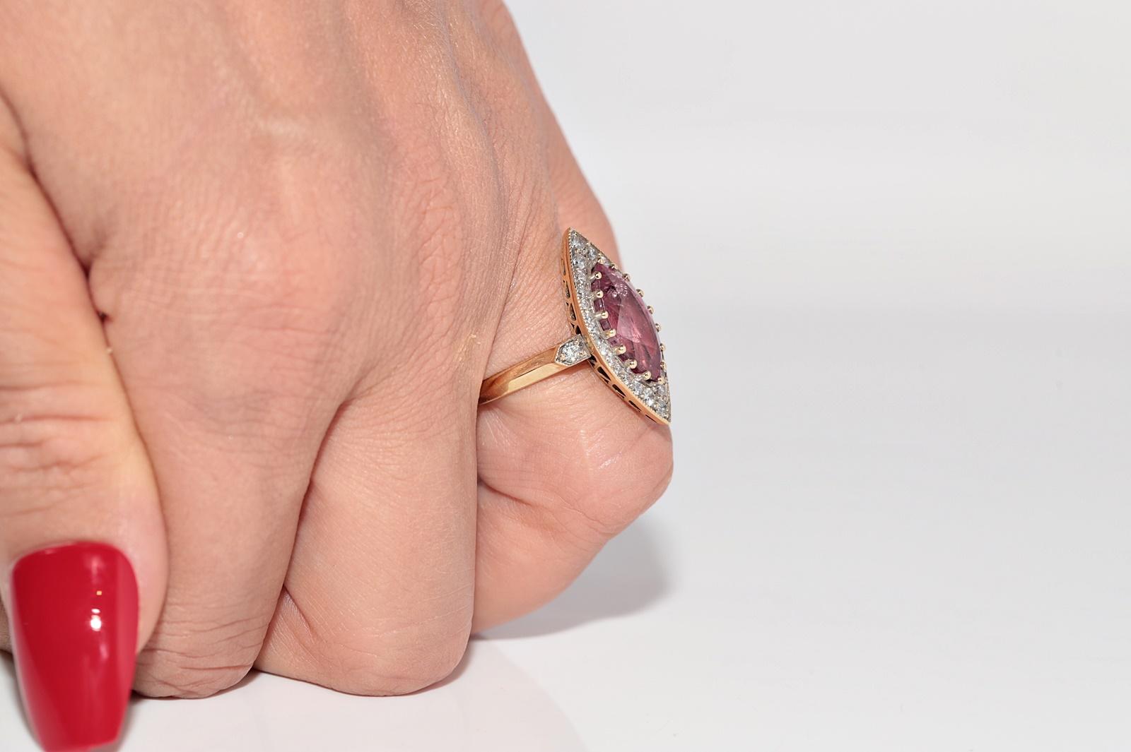 Women's New Made 14k Gold Natural Diamond And Tourmaline Decorated Navette Ring For Sale