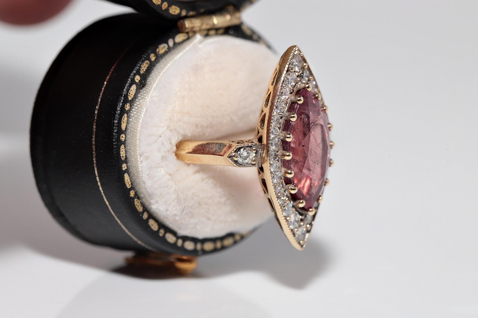 New Made 14k Gold Natural Diamond And Tourmaline Decorated Navette Ring For Sale 1