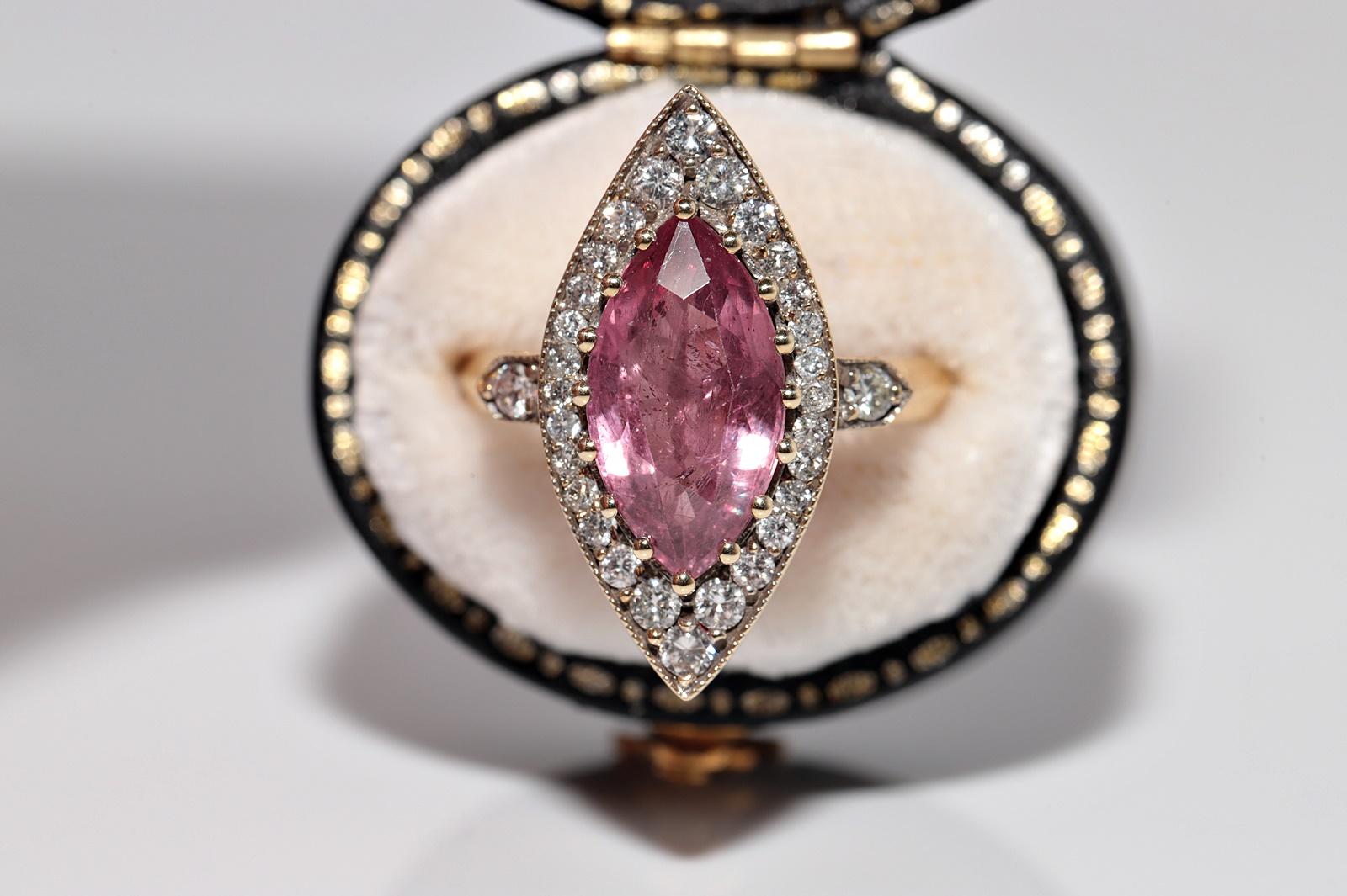 New Made 14k Gold Natural Diamond And Tourmaline Decorated Navette Ring For Sale 2