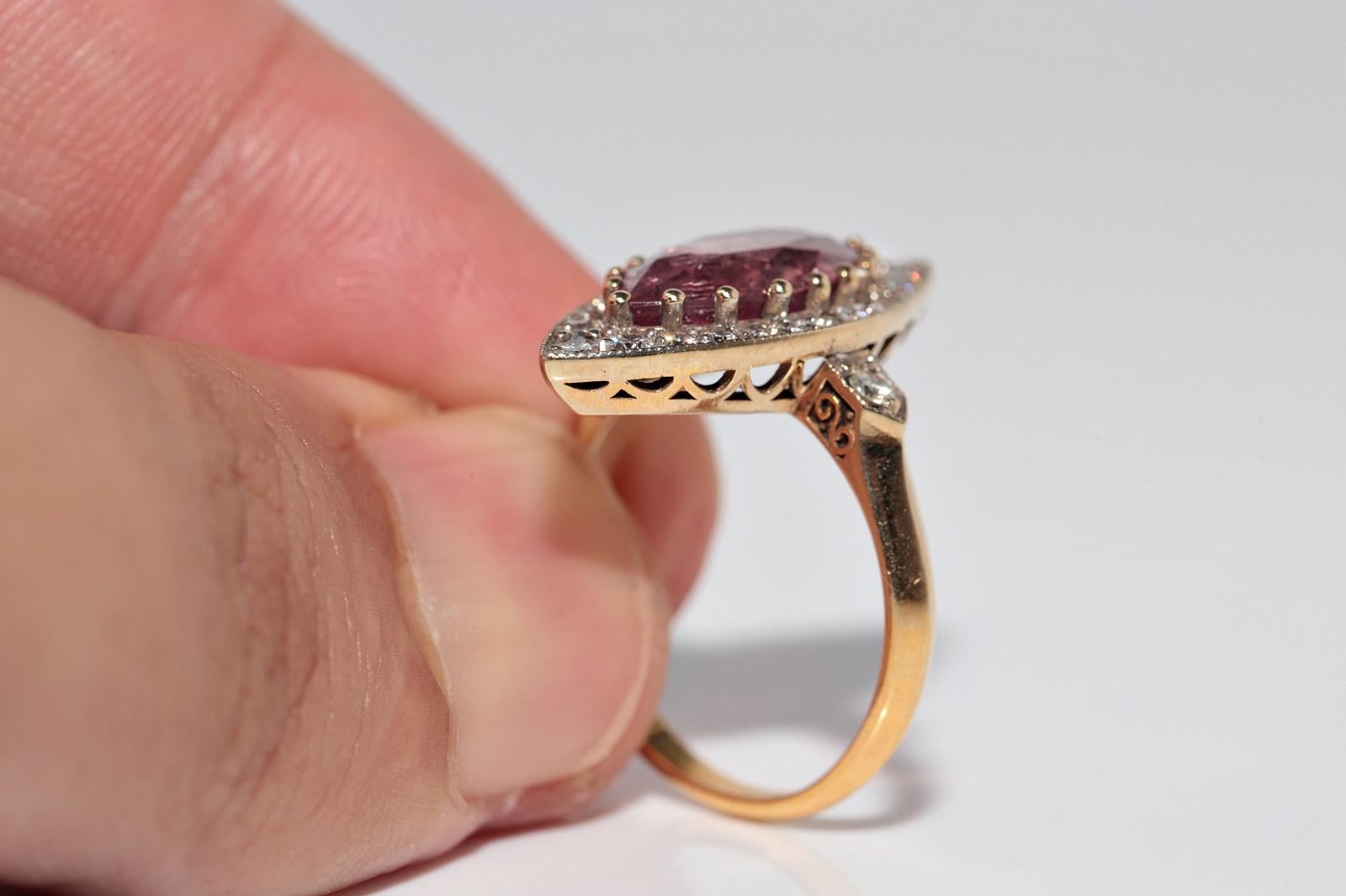 New Made 14k Gold Natural Diamond And Tourmaline Decorated Navette Ring For Sale 3