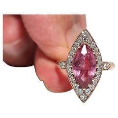 New Made 14k Gold Natural Diamond And Tourmaline Decorated Navette Ring
