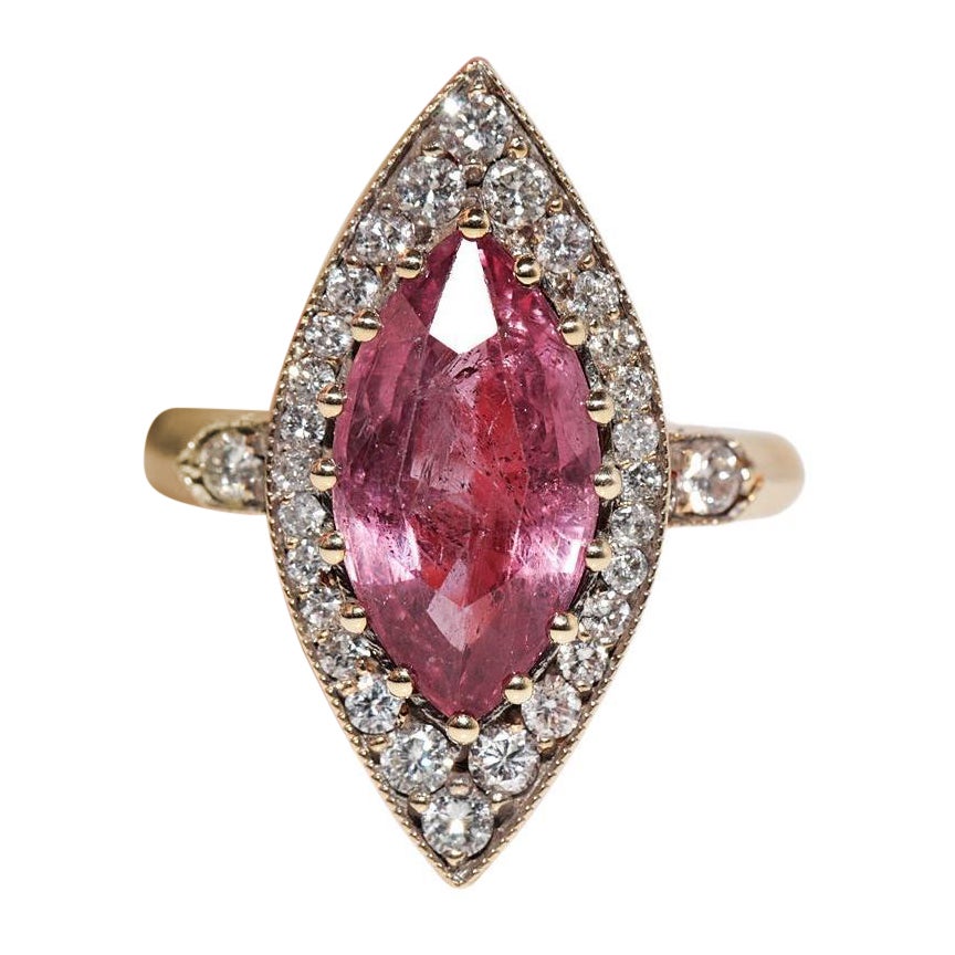 New Made 14k Gold Natural Diamond And Tourmaline Decorated Navette Ring