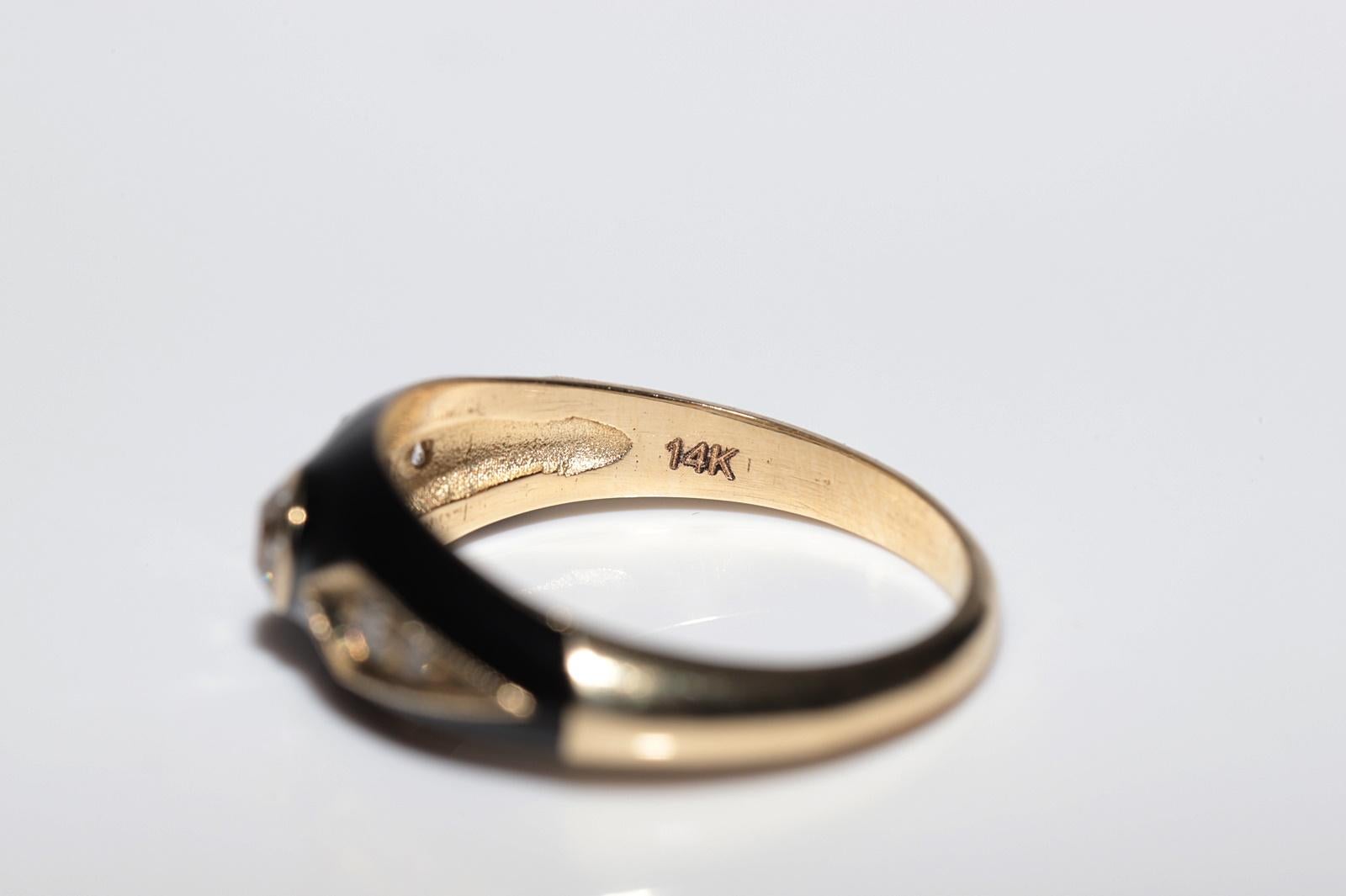 Anillo de oro de 14 quilates con diamante natural decorado con esmalte negro en venta 4