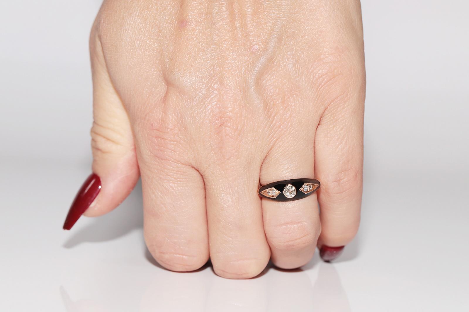 New made 14K Gold Natural Diamond Decorated Black Enamel Band Ring For Sale 9