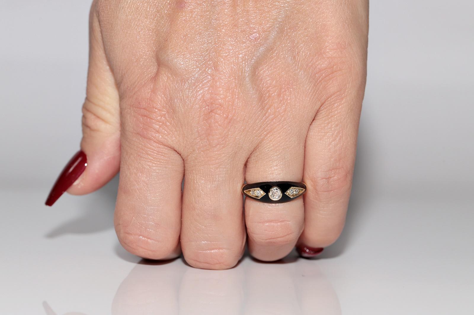 Anillo de oro de 14 quilates con diamante natural decorado con esmalte negro en venta 9