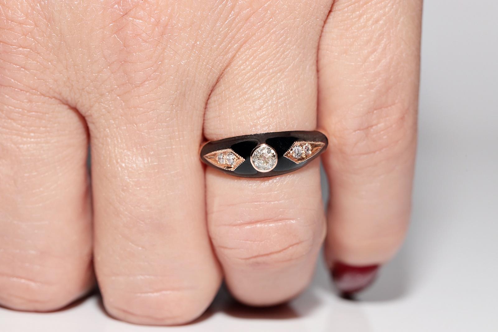 New made 14K Gold Natural Diamond Decorated Black Enamel Band Ring For Sale 10