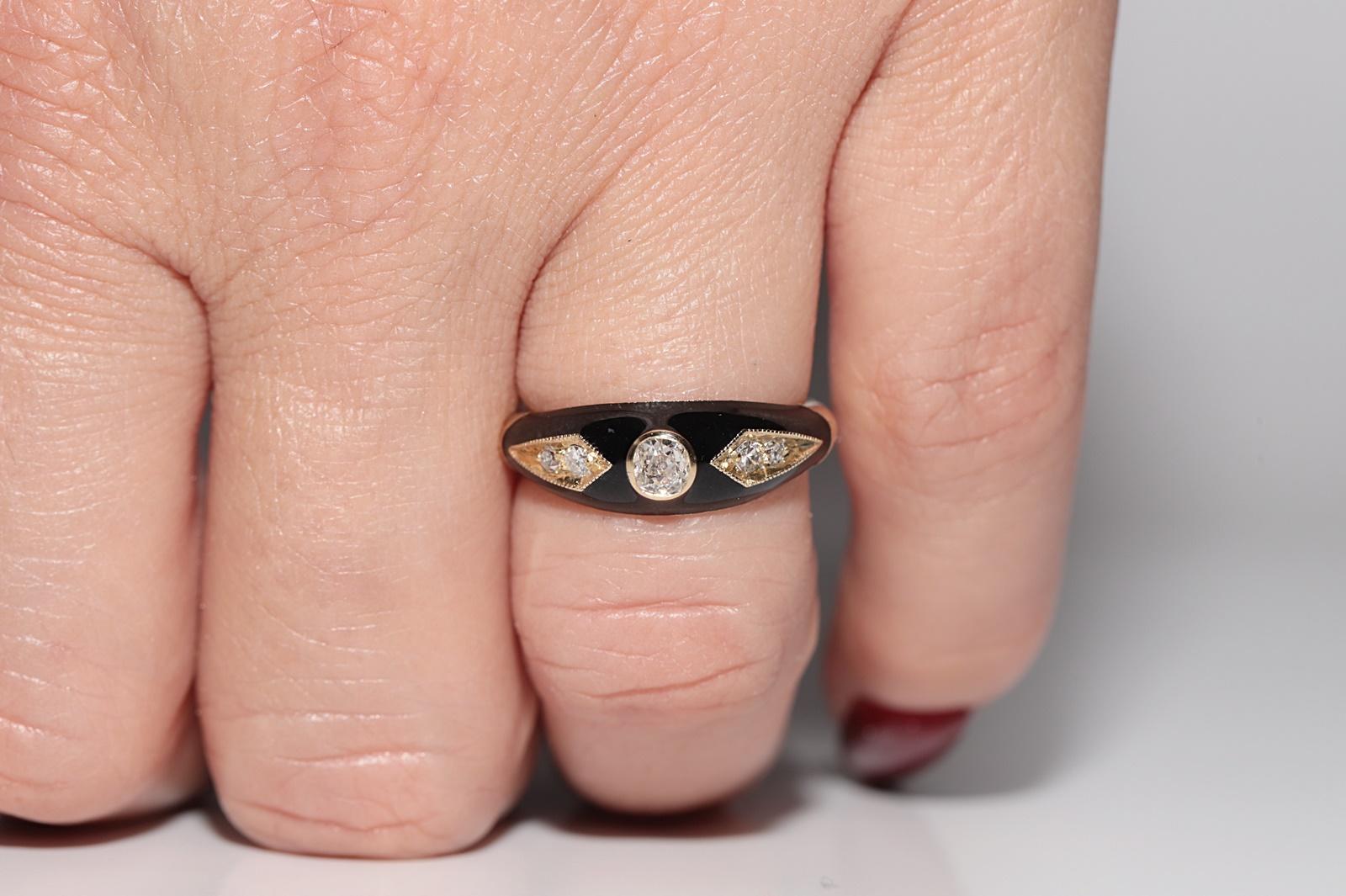 Anillo de oro de 14 quilates con diamante natural decorado con esmalte negro en venta 10