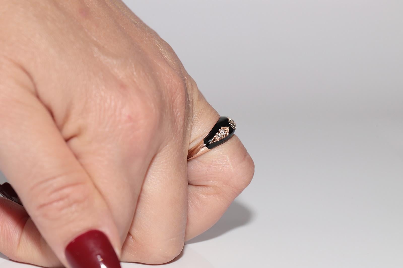 New made 14K Gold Natural Diamond Decorated Black Enamel Band Ring For Sale 11