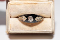 New made 14K Gold Natural Diamond Decorated Black Enamel Band Ring
