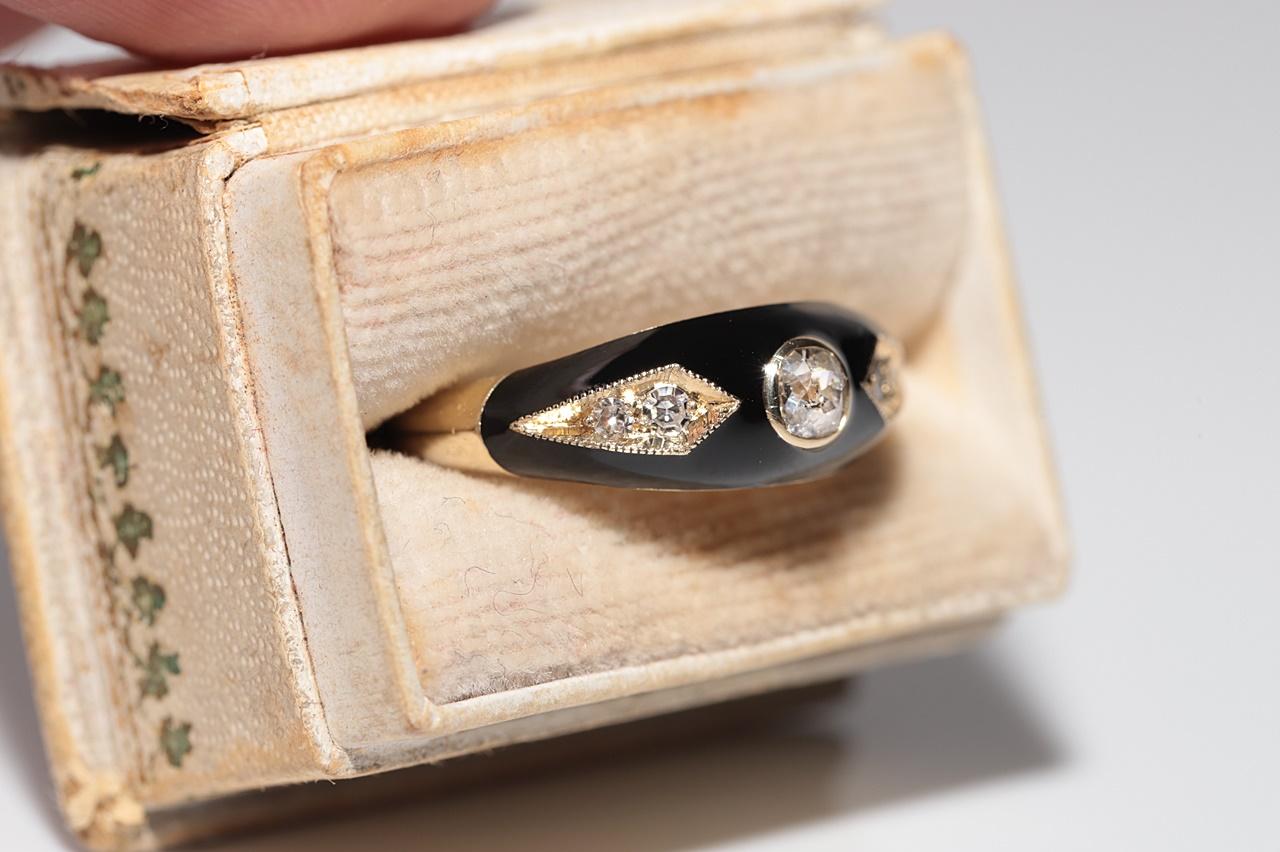 Anillo de oro de 14 quilates con diamante natural decorado con esmalte negro Moderno en venta