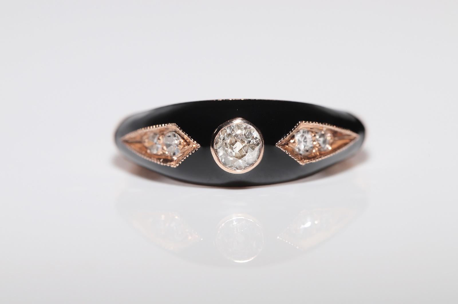 Old Mine Cut New made 14K Gold Natural Diamond Decorated Black Enamel Band Ring For Sale