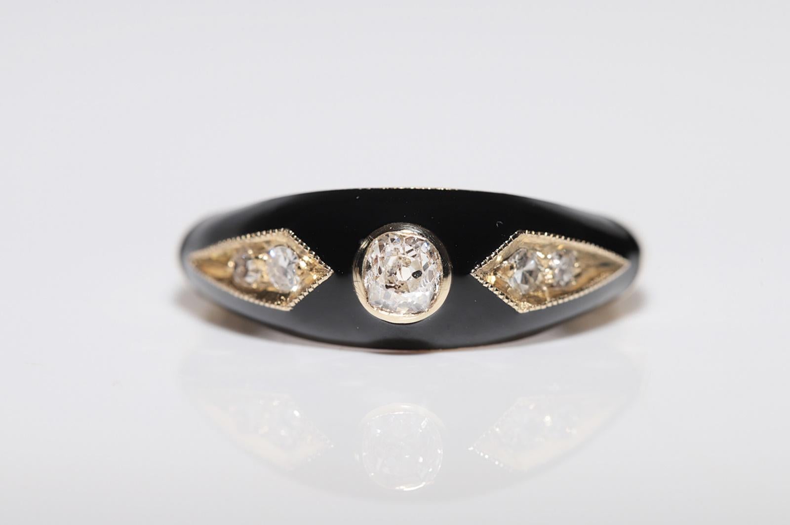 Anillo de oro de 14 quilates con diamante natural decorado con esmalte negro Talla antigua en venta