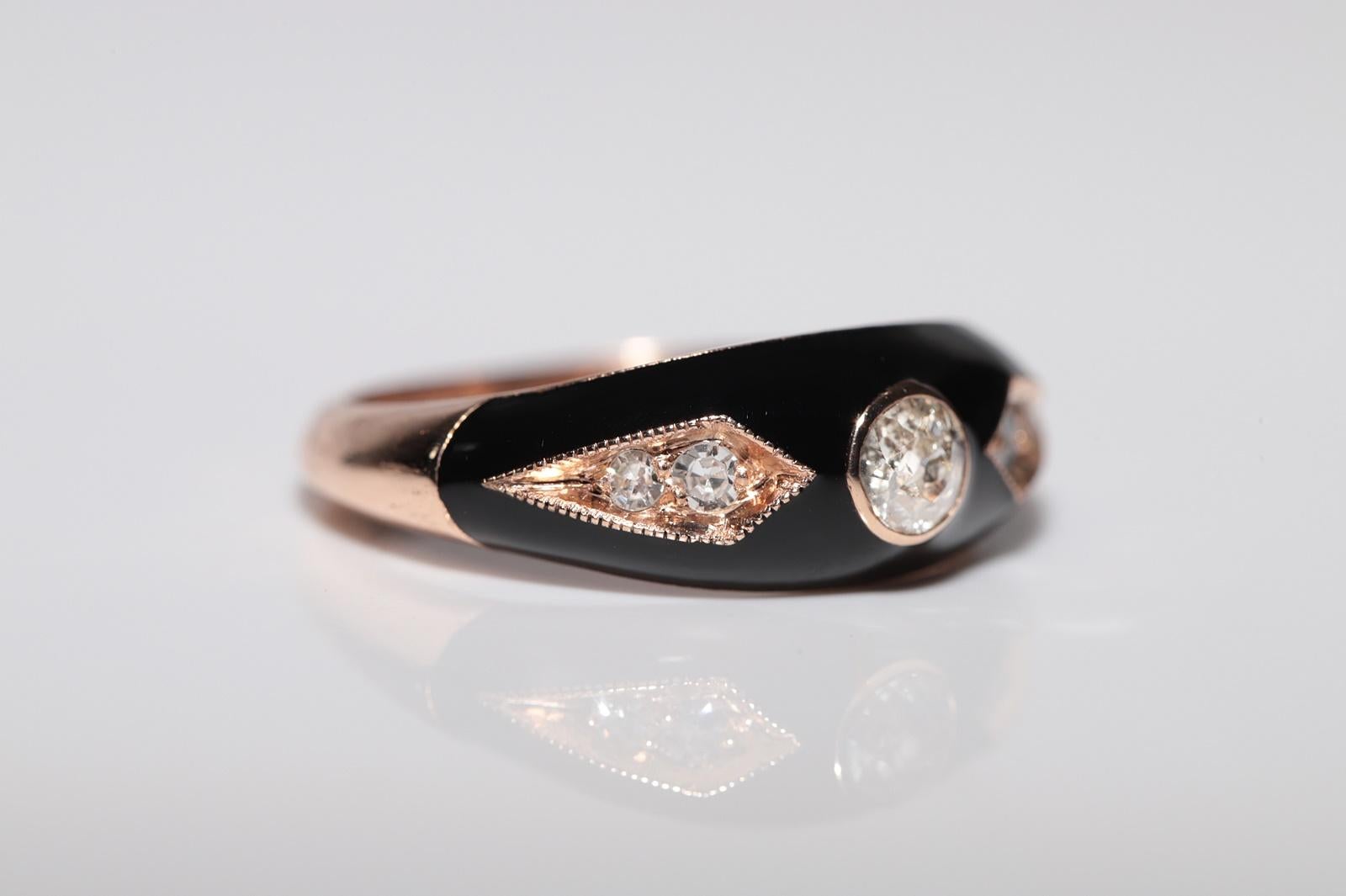 New made 14K Gold Natural Diamond Decorated Black Enamel Band Ring In New Condition For Sale In Fatih/İstanbul, 34