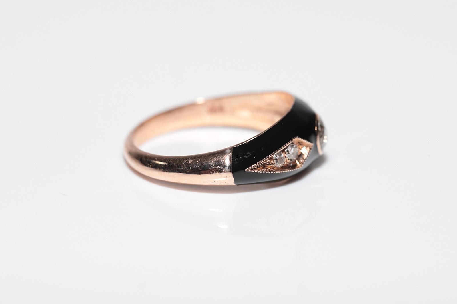 Women's or Men's New made 14K Gold Natural Diamond Decorated Black Enamel Band Ring For Sale