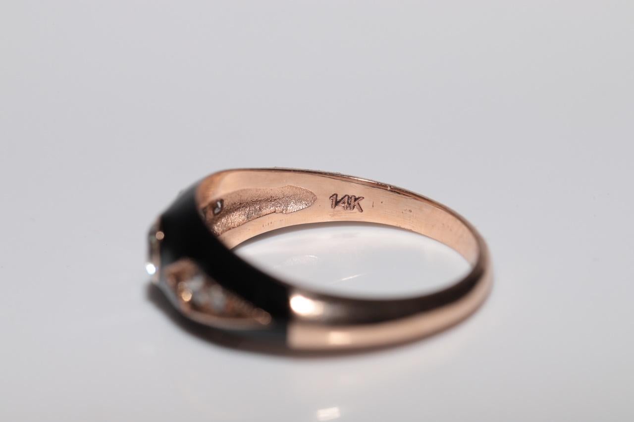 New made 14K Gold Natural Diamond Decorated Black Enamel Band Ring For Sale 3