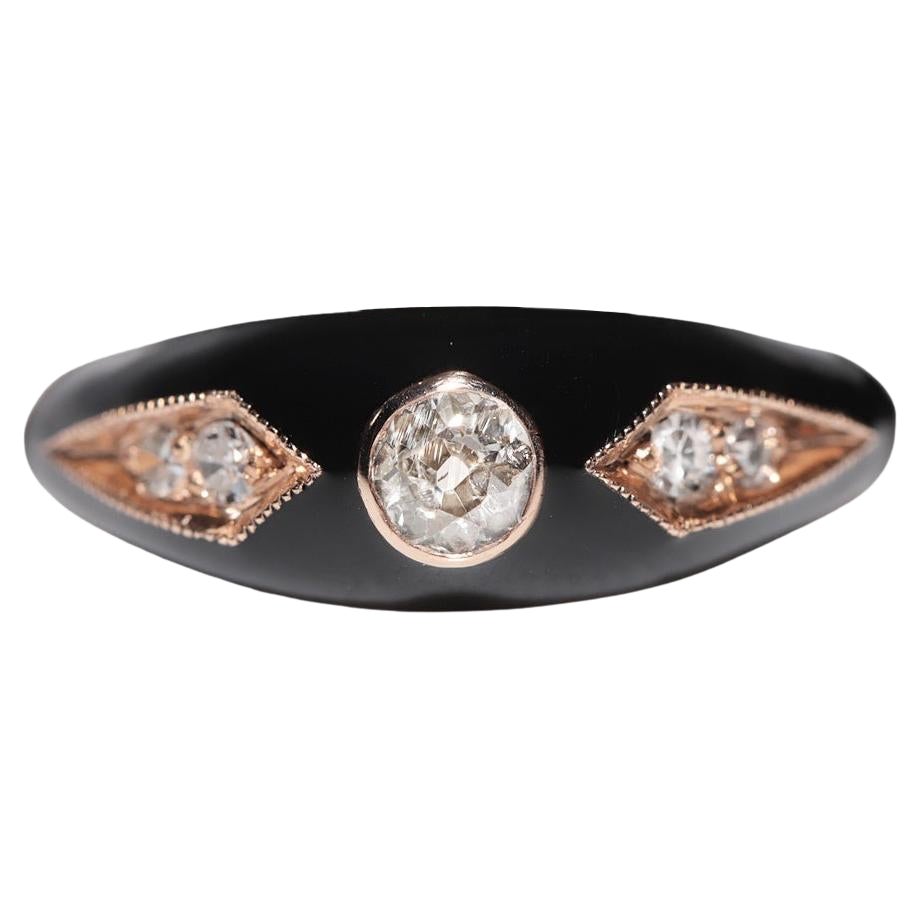 Anello a fascia in oro 14K con diamante naturale decorato e smalto nero di nuova produzione