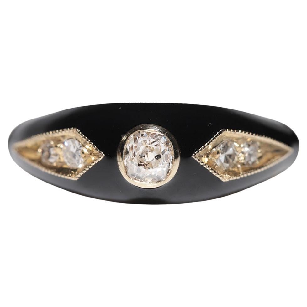 New made 14K Gold Natural Diamond Decorated Black Enamel Band Ring