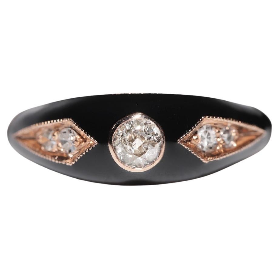 New made 14K Gold Natural Diamond Decorated Black Enamel Band Ring
