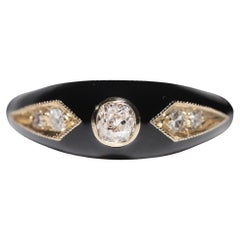 Anello a fascia in oro 14K con diamante naturale decorato e smalto nero di nuova produzione