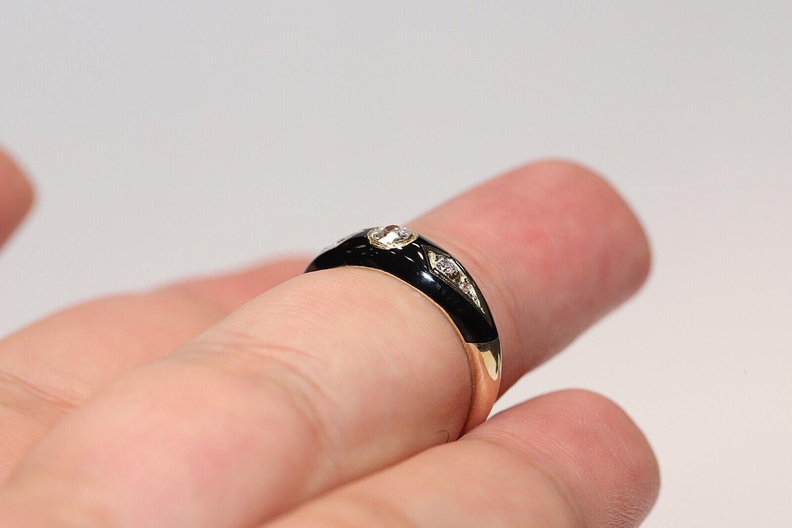 New Made 14k Gold Natural Diamond Decorated Black Enamel Ring  For Sale 4
