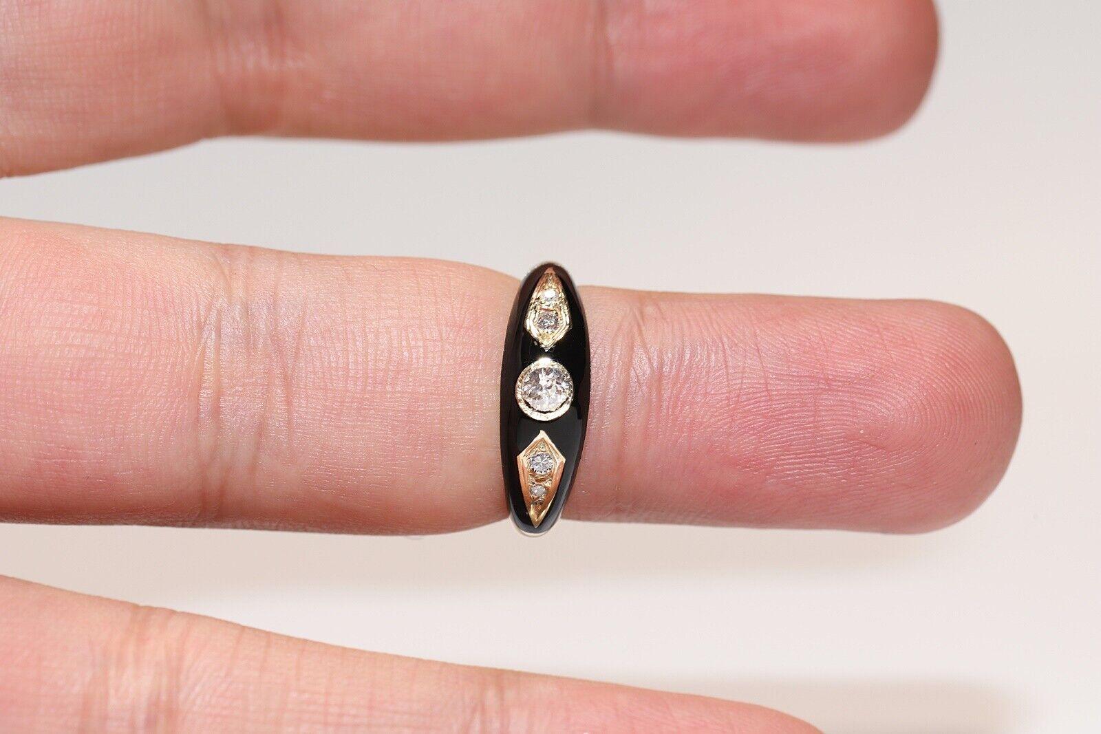 New Made 14k Gold Natural Diamond Decorated Black Enamel Ring  For Sale 3