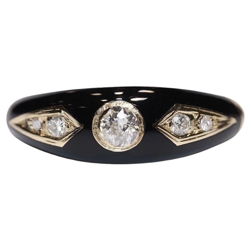 New Made 14k Gold Natural Diamond Decorated Black Enamel Ring  For Sale