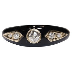 New Made 14k Gold Natural Diamond Decorated Black Enamel Ring 